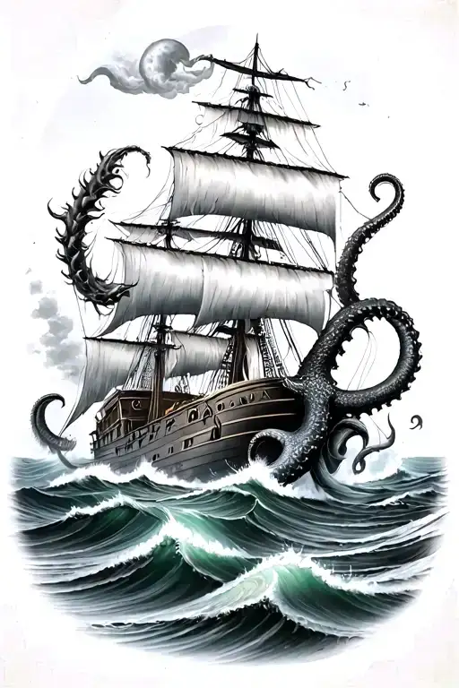 Rough Seas With Ship And Kraken Emerging With Poseidon Standing Over Everything