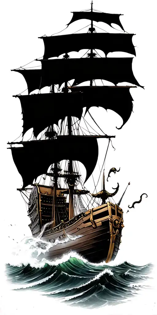 Ship Being Attacked By Kraken Ocean Waves Treasure Chest