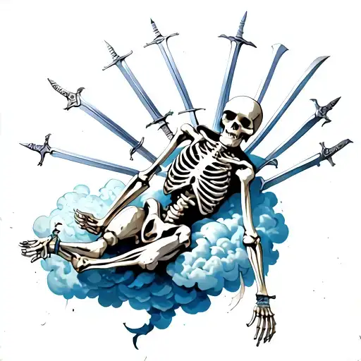 The Skeleton Is Lying On A Cloud And He Has 10 Swords In His Back