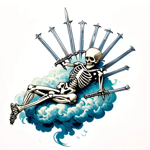 The Skeleton Is Lying On A Cloud And He Has 10 Swords In His Back