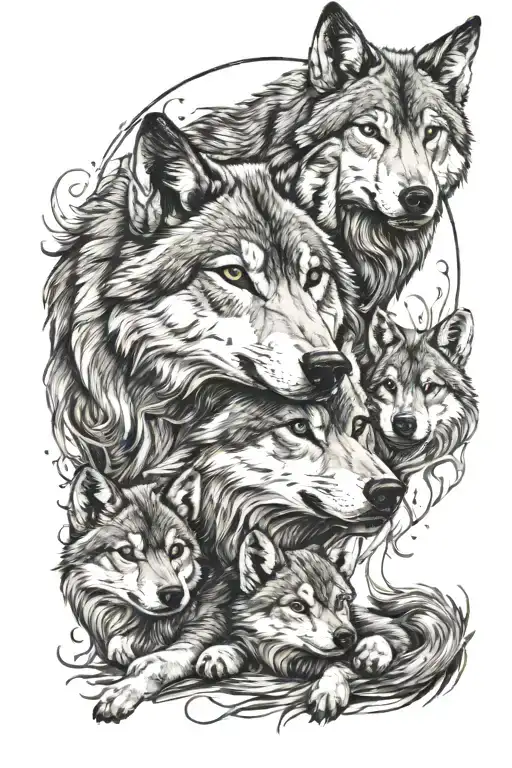 She-wolf And Her Two Little Wolf Cubs