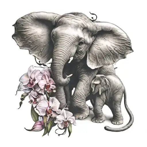 Baby Elephant Surrounded By Orchids
