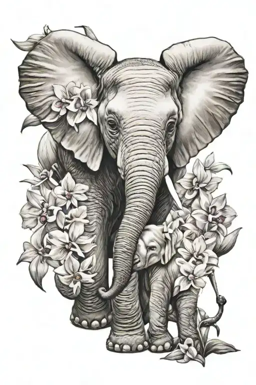 Baby Elephant Surrounded By Orchids