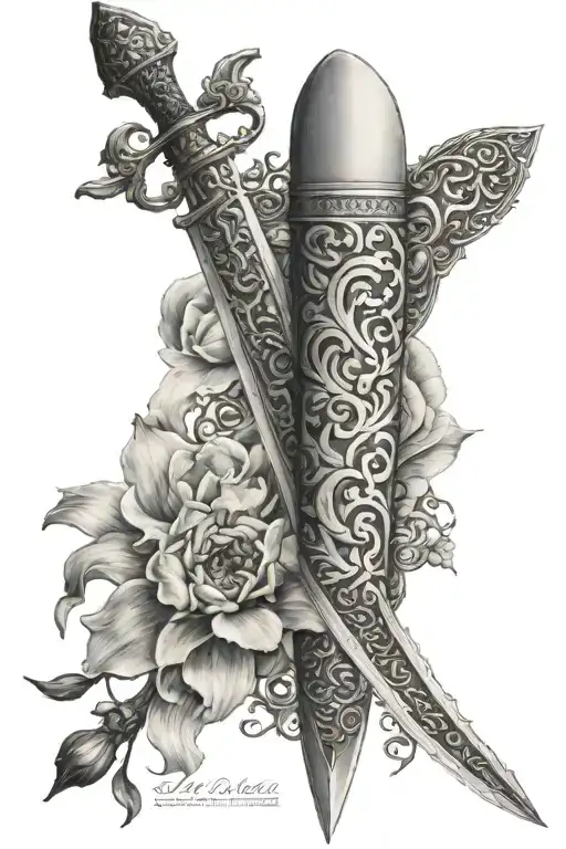 Arm Sleeve With Persian And Arabic Theme And Persian Damascus Sword With Narcissus Black And White