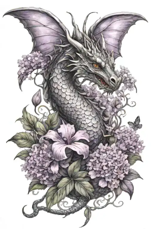 Dragon With Butterfly And Lilac Flowers Inside
