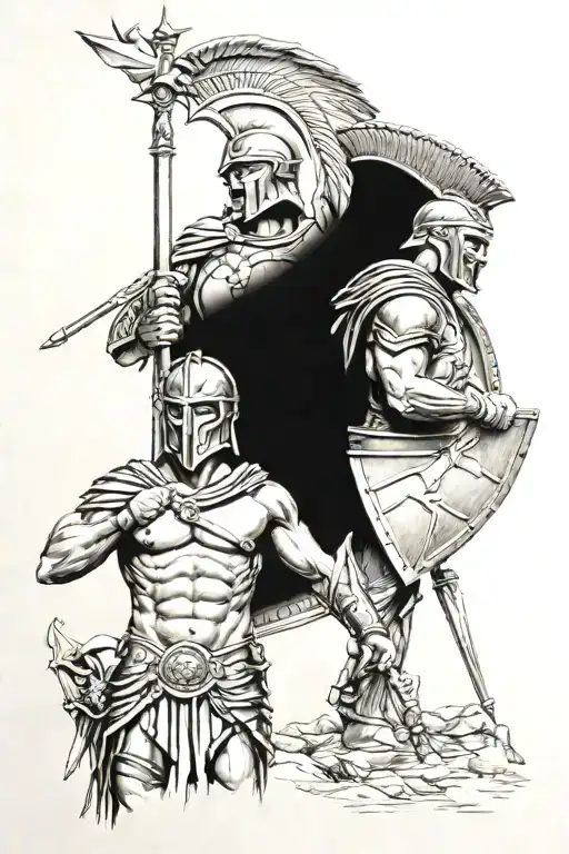 Two Spartan Warriors With Spear And Shield Next To Athena