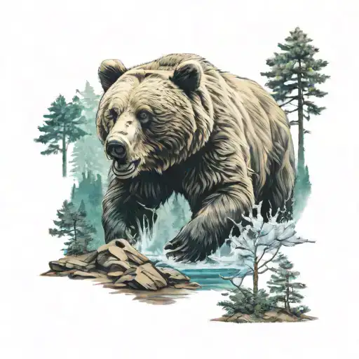 Fierce Bear In A Forest With Lagoon Make