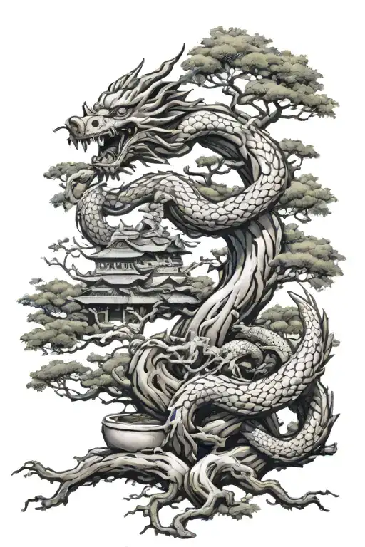 Bonsai Tree And Dragon Intertwined