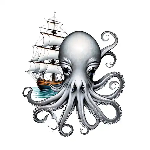 Octopus And Ship Scene Featuring Sea Life