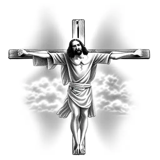 Jesus Nailed On A Cross With A Cloud Like Background And Heaven Gates Behind Him For Your Chest
