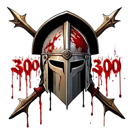 Bloody Spartan Helmet With 2 Spears Crossed And Bloody 300 Number Bellow