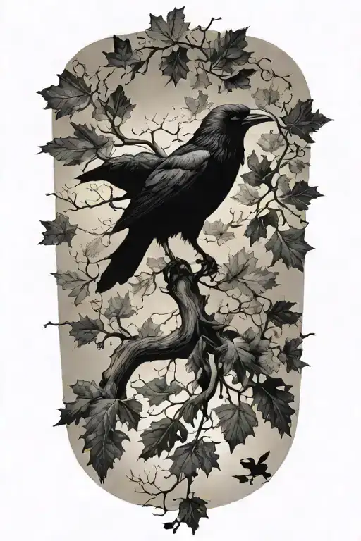 An Oak Tree Branch With Leafs Morphing Into A Black Crow Silhouette