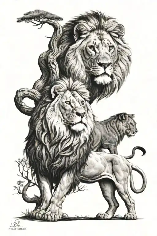 African Tree Growing With A Lion Wearing A Crown