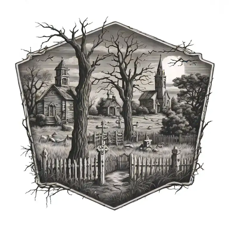 Grave Yard Scene With Fence Tree And Old Church