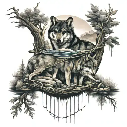 Wolves By A River Mountain Hammock Forest Lake