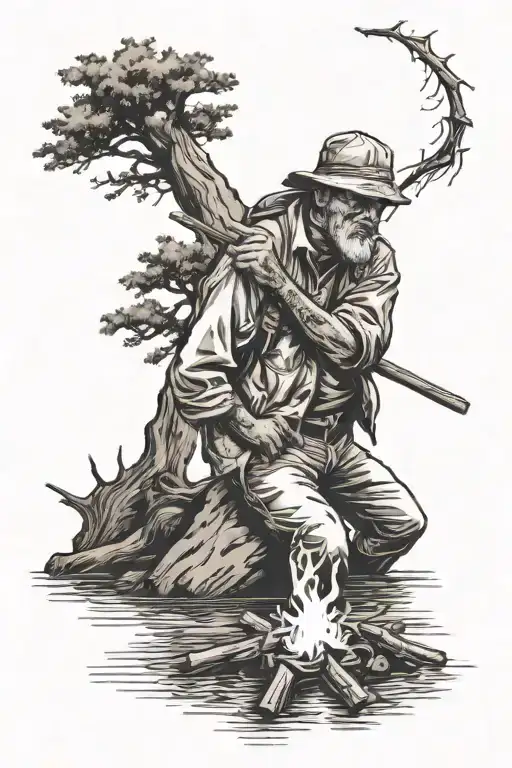 Fisherman Leaning Against Tree With Line In Water And A Campfire