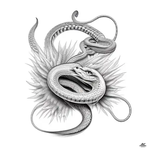 Linework Rooster Fighting A Snake