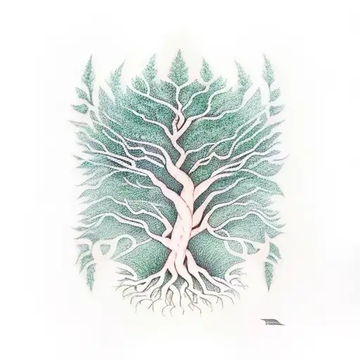 Tree With Roots And Green Fire As The Leaves