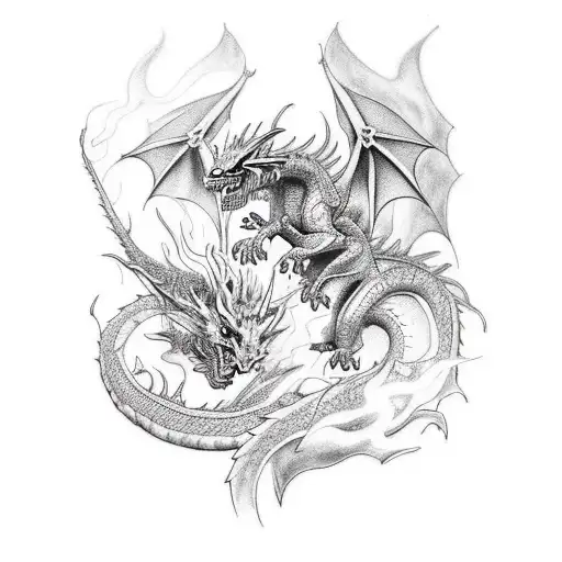 Design A Tattoo Showcasing A Dragon And A Wizard Engaged In A Fierce Battle