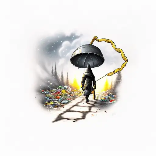 A Hooded Man Walking Down A Dark Road With Trash And The Other Side Is A Gold Street With Light