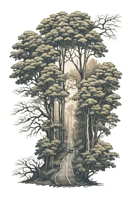 Dense Forest With A Road In Realism Style