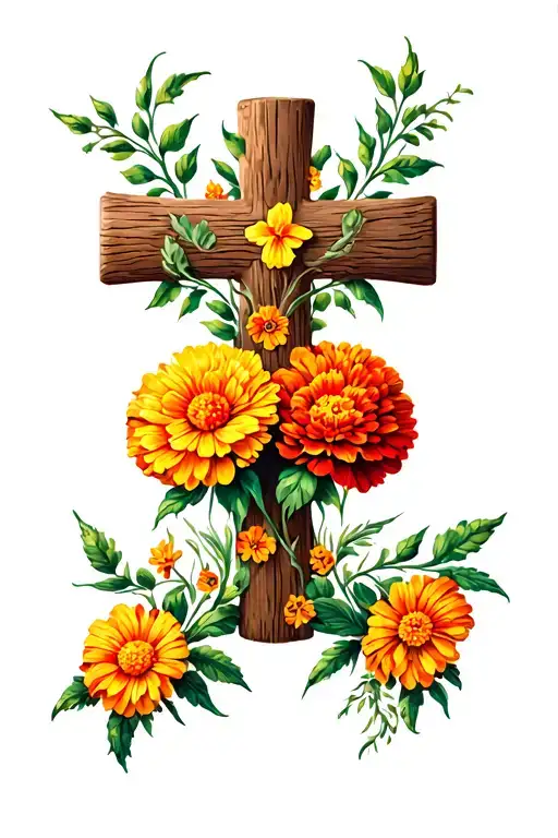 Cross With Mexican Marigolds Going Through The Center