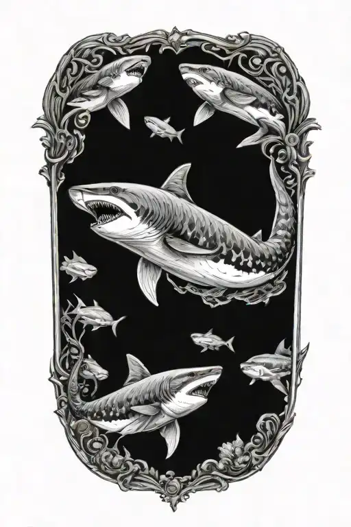 Gothic Mermaid Underwater Scene With Great White Sharks In Color Tattoo Idea