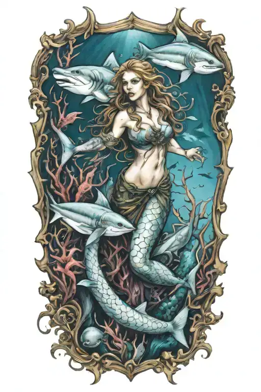 Gothic Mermaid Underwater Scene With Great White Sharks In Color Tattoo Idea