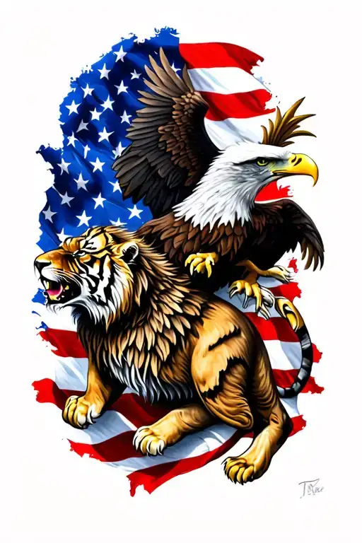 Lion Mauling Eagle With Tiger Surrounded American Flag Patriotism