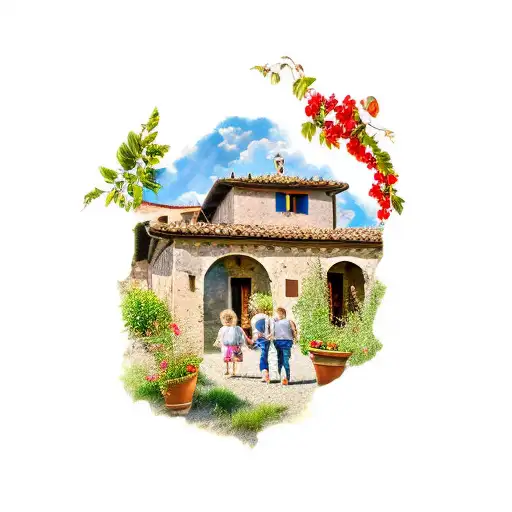 Italian Tuscany Landscape With 2 Children Holding Hands From Behind