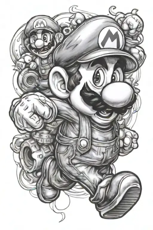 Crazy Black And Grey Mario Realism Tattoo Design