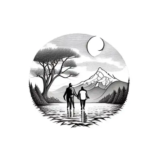 Two People Walking Away In A Hay Field With A Lake And Mountains In The Background