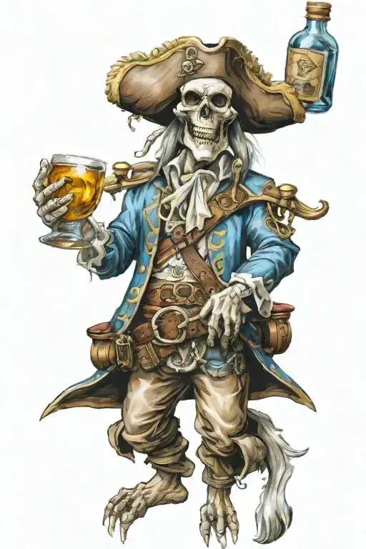Pirate Skelington Reading A Map And Holding A Bottle Of Rum