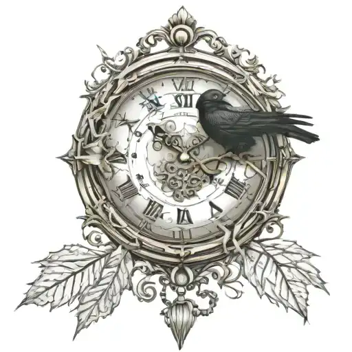 Vintage Clock With A Raven With Leaves And Spider Web