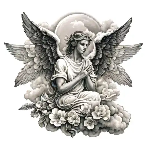 Angel With Angel Wings Resting On Cloud With Flying White Pigeons