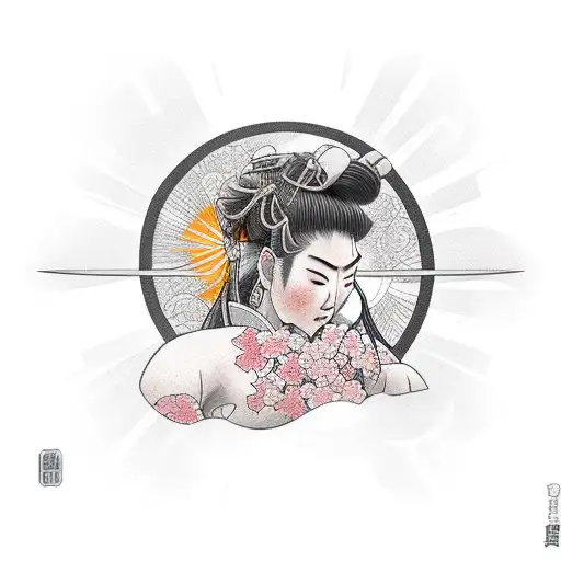 Female Samurai With Cherryblossom And Sun