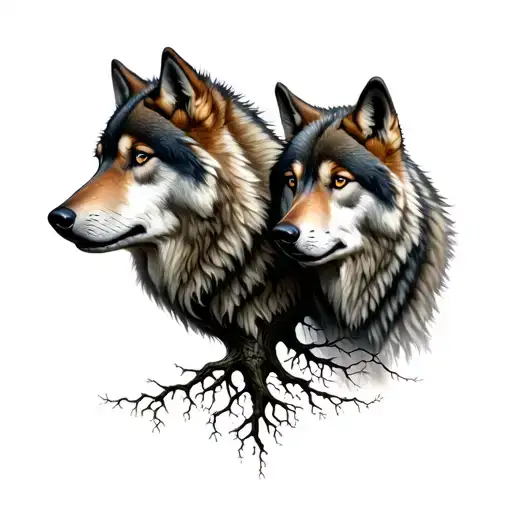 Two Wolves Constituting The Roots Of The Tree Of Life Whose Trunk Is A Woman's Face