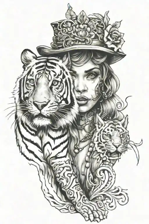 Wild Girl Statue Wearing Tiger Hat Surrounded