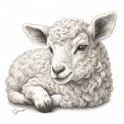 Delicate Lamb Laying With Jesus Behind Far Away With Arms In The Air