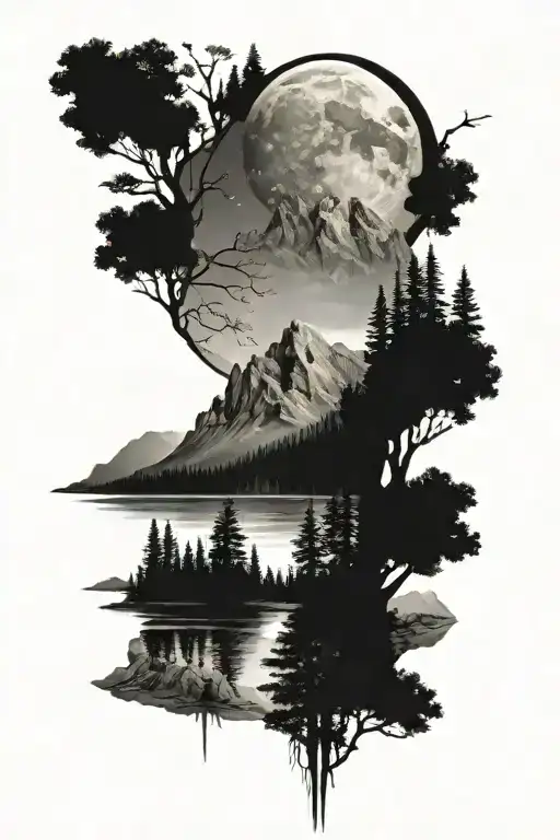 Forest With Mountains Rivers And Moon