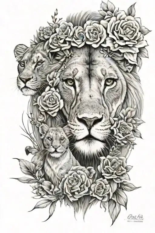 Lioness With Cubs And Flowers