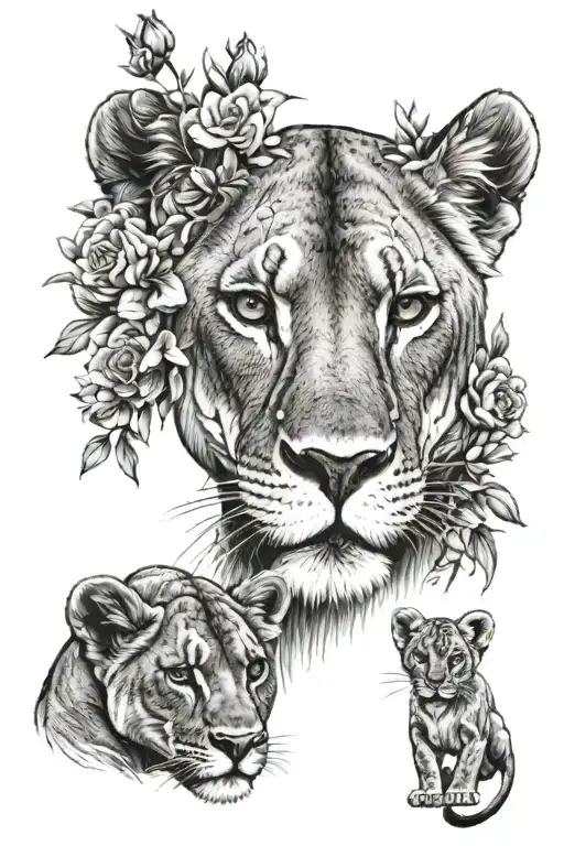 Lioness With Cubs And Flowers