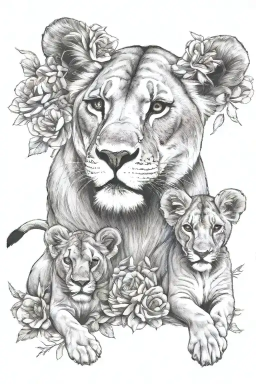 Lioness With Cubs And Flowers