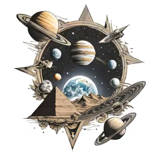 Solar System And Pyramids And The Sunset