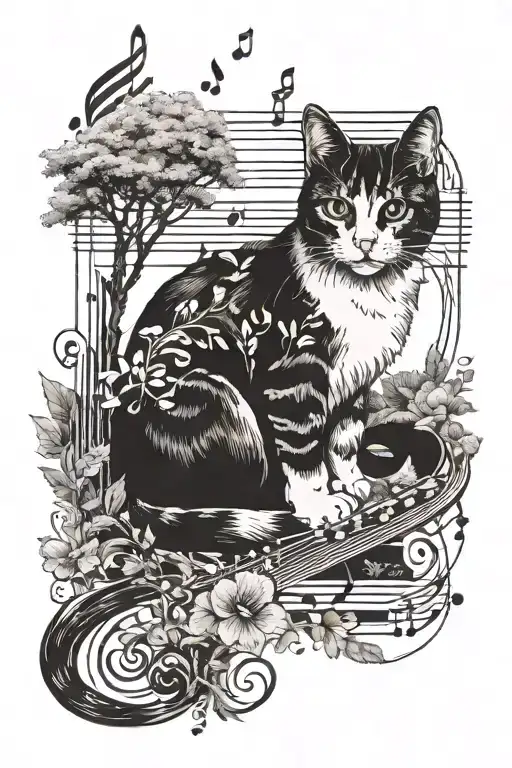 Cat And Nature Scene Featuring Musical Notes Forming