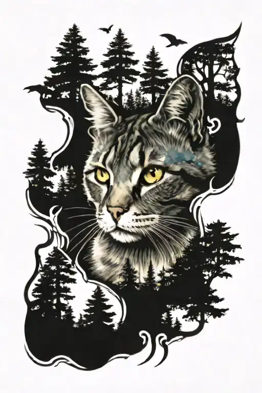 Cat And Forest Scene Featuring Elements