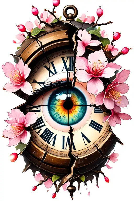 Half -Broken Clock Surrounded By Cherry Blossom With An Eye In The Center