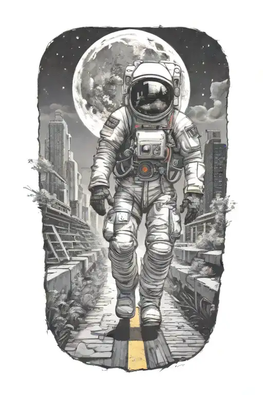 Astronaut On Horse Walking Down Road In Overgrown Metropolis Crumbling Skyscrapers Under Cosmic Sky