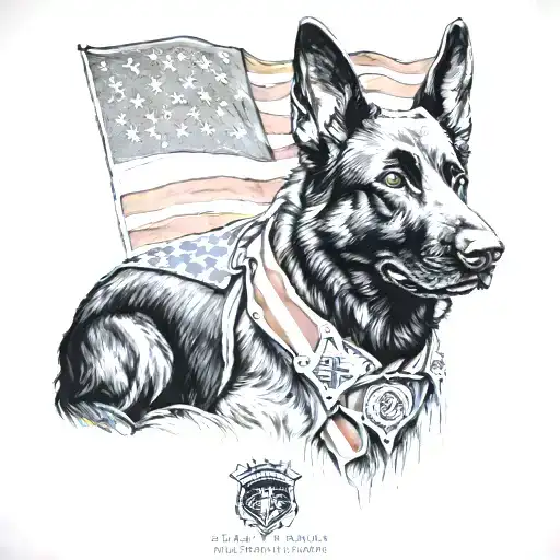 Black German Shepherd With American Flag Wrapped With Military Police Badge