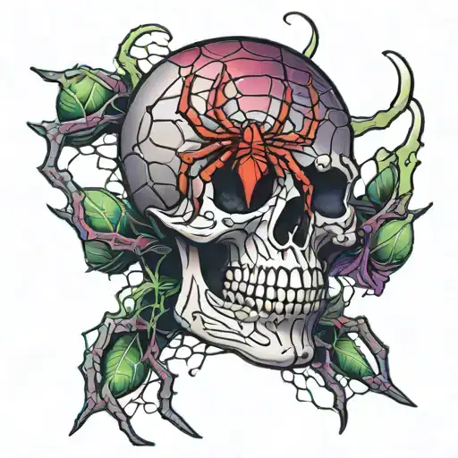 Red Spider On A Black And Purple Skull Head With Green Webs In The Background
